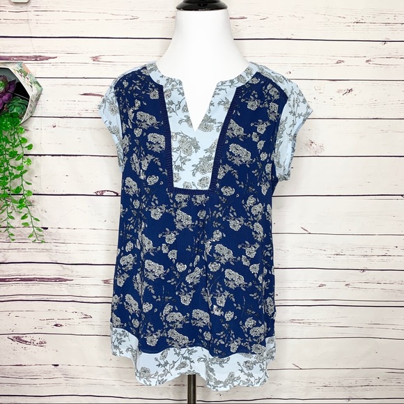 DR2 Daniel Rainn Blue Two Tone Boho Floral Blouse Top Size Small - Picture 2 of 9